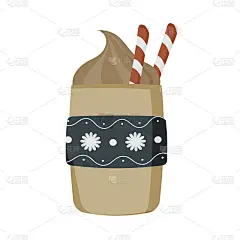 为圣诞节准备一杯加奶油和糖果的咖啡。一杯圣诞热巧克力或一杯冬季卡布奇诺和拿铁。矢量插图，图标，平面风