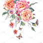 玫瑰,野花,水彩画,水彩画颜料,粉色,图像,叶子,花头,无人,花束