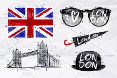 伦敦特征手绘插画素材 London Set-设计元素-美工云(meigongyun.com)