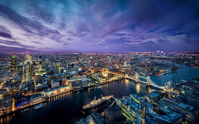 地平线上的城市景观灯光伦敦英国HDR摄影...