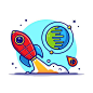 Rocket taking off with planet and meteorite cartoon icon illustration. Free Vector