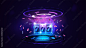 Neon Casino slot machine with jackpot, poker chips and hologram of digital rings in dark empty scene