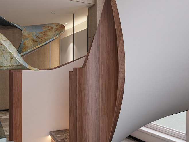 【楼梯】：楼梯外侧采用木纹饰面，内面采用...
