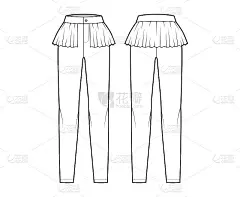 裤子裙摆技术时尚插图与延伸正常腰部，高腰，全长，褶边裙底