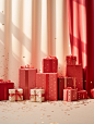 Gifts with red boxes and gold foil on a shelf, in the style of scattered composition, luminous hues, monochromatic abstractions, polka dot madness, light red, tabletop photography, stripes and shapes