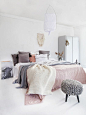 Norwegian Bedroom design - white walls and floor, muted pink bedspread/blanket, and light gray accents (pillows, knit stool) | Dream Bedroom via Norske (Norwegian) Interior Blogger: 