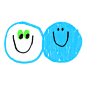 This may contain: two cartoon faces with green eyes and one has a blue speech bubble in the shape of a smiley face