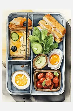 AI数字艺术便当盒美食水彩插图-众图网
