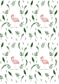 Flamingo leafy nature pattern design / gouache painting illustration / textile design / print design