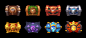 Reward assets : Cups, chests, rank and reward icons made for Heroes of Battle Cards game.Made of leather, wood, bronze, silver, gold, obsidian, diamond and lava