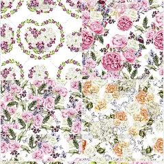 手绘水彩玫瑰百合绣球花无缝拼接装饰印花纹图案背景 PNG设计素材-淘宝网