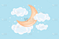 3D婴儿淋浴，月亮与云和星在一个柔软的蓝色背景，孩子气的设计在苍白的颜色。背景、说明、矢量.