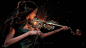 General 2500x1406 WLOP fantasy girl Ghostblade artwork long hair brunette violin musical instrument