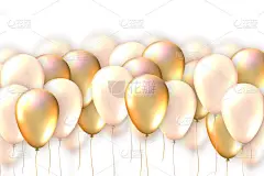 优雅的贺卡与现实光泽金色飞行气球和复制空间。生日、周年、庆典、婚礼及其他活动的装饰品。横幅，海报，笔