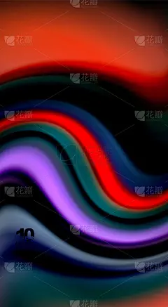 黑色背景上的流体彩虹颜色，矢量波线和漩涡