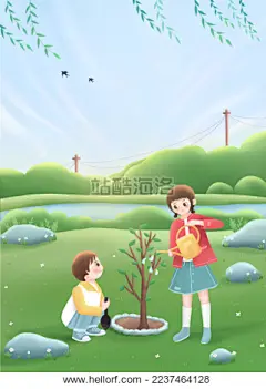 黄色衣服男孩与红色衣服女孩春天在绿色草坪上种树浇水的植树节插画
