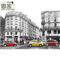 思舍北欧手绘街景壁纸创意客厅定制背景墙纸复古怀旧个性涂鸦壁画