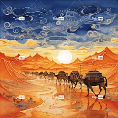 敦煌艺术风格插图，骆驼商队穿越沙漠，丝绸之路的沙漠风光，四周