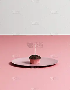 松饼在盘子与生日蜡烛，巧克力，粉红色，3D渲染，3D插图