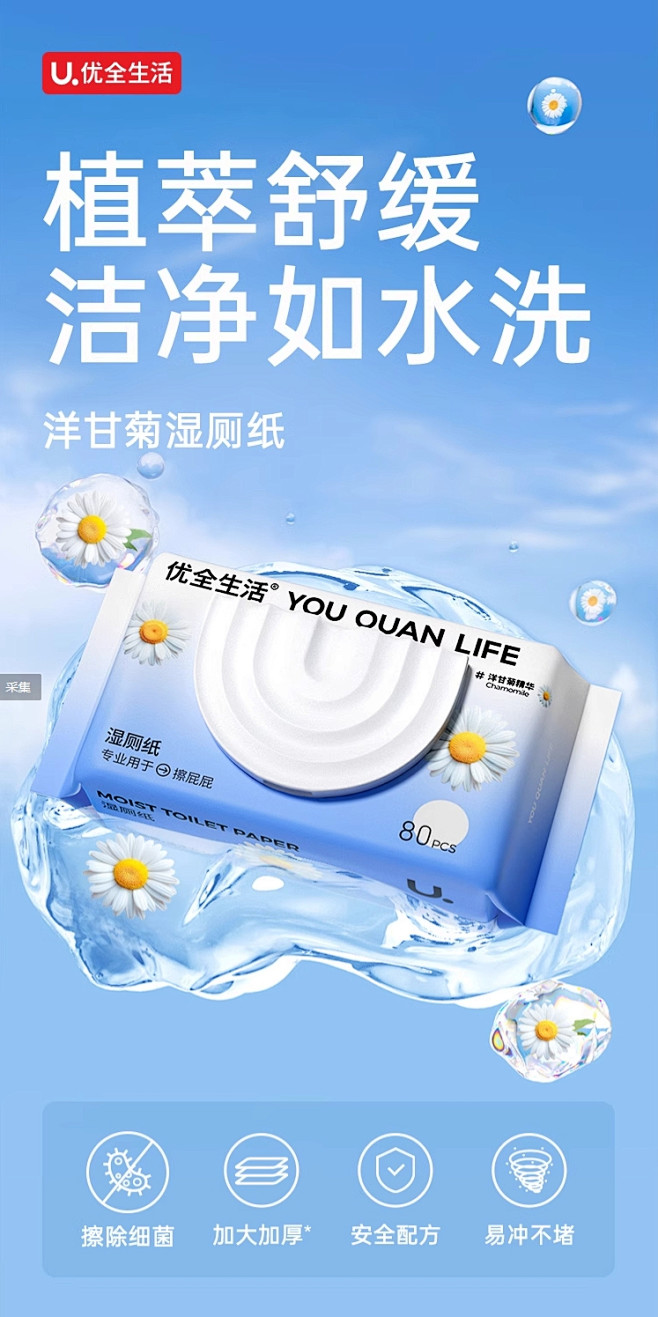 优全生活洋甘菊湿厕纸80抽家庭实惠装男式...