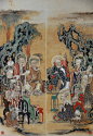 第七幅　布薩   
  布薩とは、半月ごとに僧が集まって、罪を告白懺悔する集まり。　背後に密教の護法神である十二天のうち毘沙門天・帝釈天などが描かれている。 
