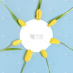 用黄色的花在蓝色背景上做成的花环。圆纸卡模型。