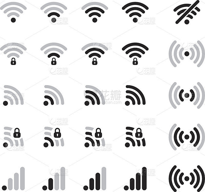 一组不同的wifi连接黑色图标