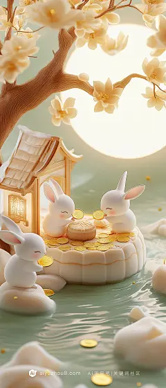 【ai宇宙吧】中秋节月饼兔子团圆海报设计唯美背景图Midjourney描述关键词咒语VI：