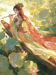 夏至江上绿罗衣， 粉莲盈首映夕晖。 玉笛声声入莲心， 清音袅袅绕荷菲。 叶翻珠露春情稠， 花开花落任风流。 蛙踞蓬叶听雅韵， 似解曲中万古愁。 #奇域AI   #夏至  #夏天  #荷花  #荷花池  #佳人  #美人  #木船  #笛子  #笛声  #古诗配画  #氛围感  #梦幻  #唯美  #美景  #风景  #美图  #光影  #东方美学  #中国美学  #中式美学  #场景  #场景插画  #插画  #山水插画  #风景插画  #壁纸  #手机壁纸  #数字艺术  #数字藏品  #明信片  #装