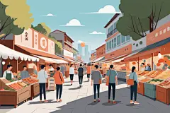 扁平化人物逛街集市场景插画