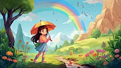 卡通唯美浪漫手绘梦幻风撑伞的女孩全景简约场景插画壁纸海报