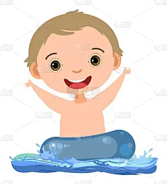 男孩玩得很开心。波浪的水，河，海或海洋。游泳、跳水和水上运动。池。孤立在白色背景上。漫画风格的插图。