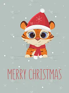 圣诞快乐，新年快乐贺卡。可爱的老虎在圣诞帽和围巾的背景上雪花。2022年虎年。卡通，平面风格，矢量