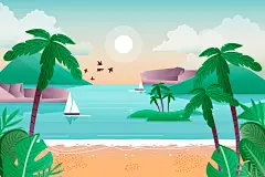 手绘人物夏季沙滩旅游风景插画海报