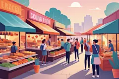 扁平化人物逛街集市场景插画