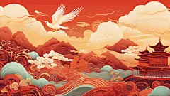 古风国风红色背景国潮仙鹤飞翔山水插画祥云风景插画桌面壁纸背景图