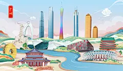 广州国潮城市地标建筑手绘插画