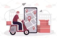 骑着摩托车的男快递员送单。在手机屏幕上申请送货。网上购物理念，送货快捷。