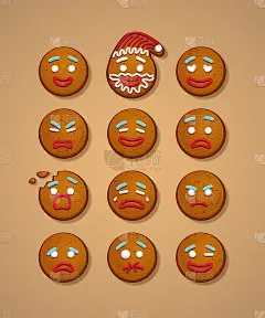 一组姜饼人的脸。矢量圣诞和新年假日元素。