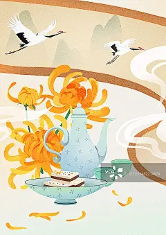 重阳节赏菊喝酒仙鹤飞升扁平风插画正版高清图片下载-视觉中国VCG.COM