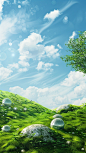 grassy hill with trees and rocks on the ground, in the style of dreamlike illustration, sky-blue and white, luminous spheres, 32k uhd, pastoral charm, clean and simple designs, sabattier filter