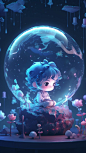 3D rendering of Starry sky, lightning, crystal ball, transparent, package, crystal flowers, cartoon mecha, cartoon little man,,beautiful scene,clear facial features,Game scene graph,8KHD,high resolution,hyper quality,high detail,surrealism,Quixel Megascan