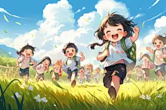 春游蓝天秋游奔跑孩子插画图片