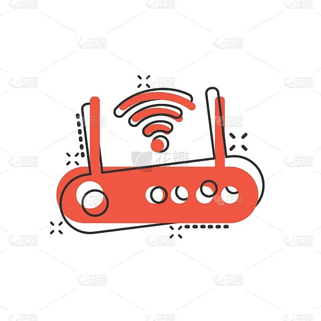 漫画风格的Wifi路由器图标。宽带卡通矢量插图在白色孤立的背景。互联网连接飞溅效应的经营理念。素材-花瓣网