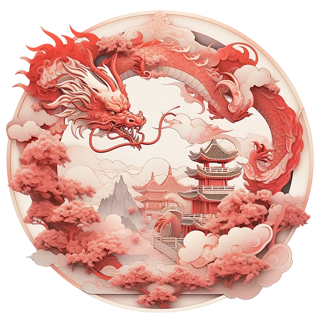 中国龙年春节红色剪纸窗花元素