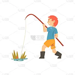 可爱的微笑男孩钓鱼与鱼竿，小渔夫卡通人物矢量插图