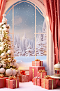 Christmas room christmas scene, in the style of vibrant stage backdrops, surrealist dreamlike scenes, aurorapunk, eye-catching, photorealistic renderings