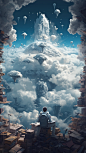 a Astronaut ,The office was filled with clouds, reading on top of clouds, surrounded by many colorful clouds with little monsters in them.huge world view, big scene,cinematic, stunning,16k, Ultra HD,very detailed, concept art, blue and white porcelain,