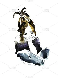 可爱的小女孩，手绘水彩插图