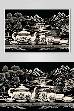 AI数字艺术复古铜版画茶园茶叶插画-众图网